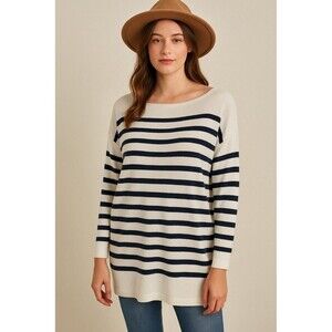 CHAPS CLASSICS Women's Top 3/4 Sleeve Navy White Striped Pullover Sweater Medium